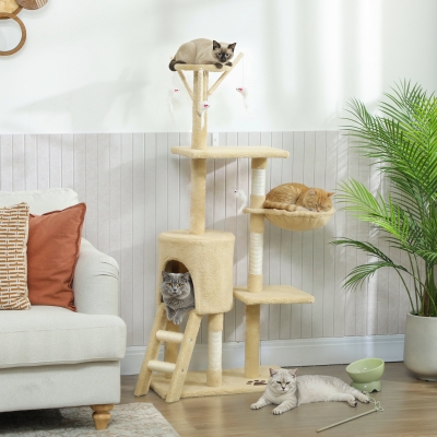 PawHut 53" Cat Tree Tower, Kitten Activity Centre with Scratching Posts, Condo, Perches, Ladder, Hammock, Dangling Toys, Beige