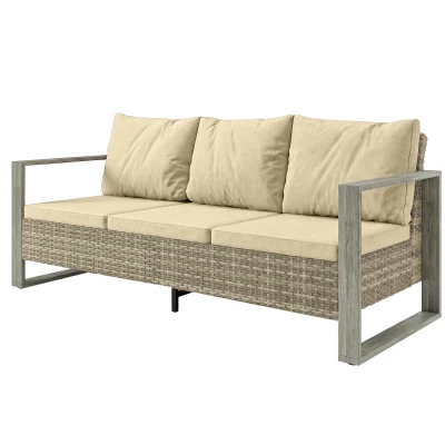 Outsunny 3-Seater Outdoor Couch, PE Wicker Patio Sofa with Deep Seat, Wood-Effect Aluminum Armrests, Cushions, Khaki