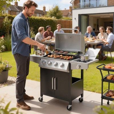 Outsunny 4+1 Burner Liquid Propane Gas Grill, Outdoor Portable BBQ Grill with Side Burner, Warming Rack, Side Shelf
