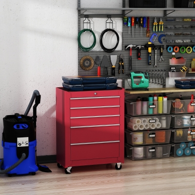 HOMCOM 5-Drawer Rolling Tool Cabinet on Wheels, Lockable Tool Chest, Tool Organizer for Garage, Factory and Workshop, Red