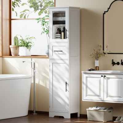 HOMCOM 67" Tall Bathroom Storage Cabinet, Freestanding Narrow Bathroom Cabinet with Adjustable Shelves, Glass Door and Drawer