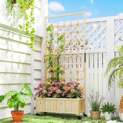 Outsunny Wooden Planter with Trellis, Raised Garden Bed with Wheels, Drainage Holes for Climbing Plants, Flowers, Nature Wood