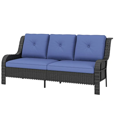 Outsunny Wicker Patio Sofa with Cushions, 3 Seater Rattan Outdoor Couch for Patio, Garden, Porch, Backyard, Deep Blue