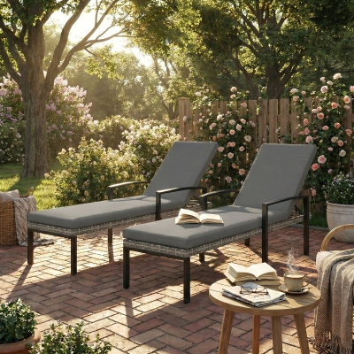 Outsunny Chaise Lounge Chairs Outdoor, Set of 2 Wicker Patio Lounge Chairs with 5-Level Adjustable Backrest, Cushion