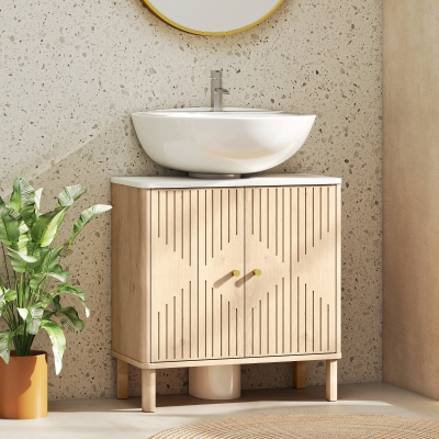 HOMCOM Floor Standing Bathroom Vanity, Bathroom Vanity Cabinet with Adjustable Shelf, Oak