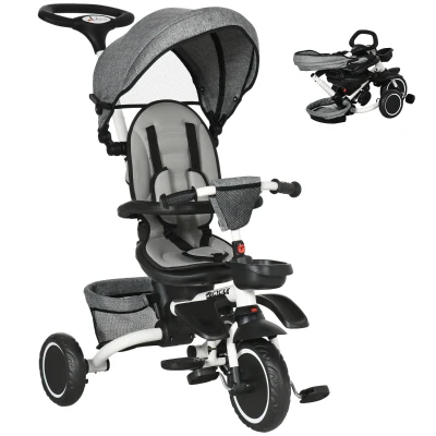 Aosom Tricycle for Toddler 6-in-1 Kids Trike, Foldable Converts Stroller to Baby Push Bike, Adjustable Backrest with Detachable Guardrail & Handle, Brake for 1-4 Years Old, Grey