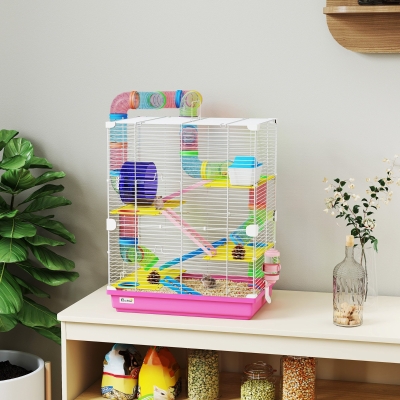 PawHut 5 Tiers Hamster Cage Portable with Exercise Wheels Play Tube Water Bottle Dishes House Ladder for Gerbils, Pink