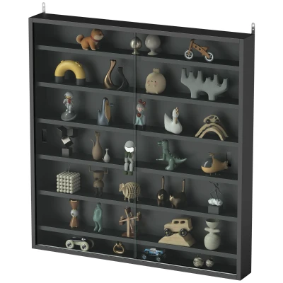 HOMCOM 7-Tier Display Cabinet, Shot Glass Display Case, Glass Curio Cabinet with 2 Glass Doors and 6 Adjustable Shelves, Black