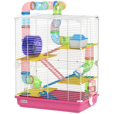 PawHut 5 Tiers Hamster Cage Portable with Exercise Wheels Play Tube Water Bottle Dishes House Ladder for Gerbils, Pink