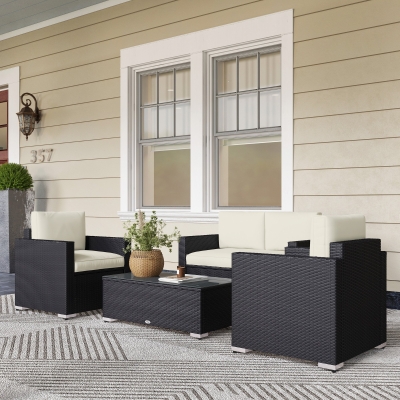 Outsunny Outdoor Furniture with Table, Wicker Furniture with Loveseat and 2 Chair for Garden, Poolside, Cream