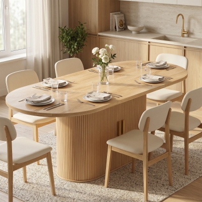 HOMCOM Dining Table Modern Farmhouse Kitchen Table Under-Table Cabinet Oak
