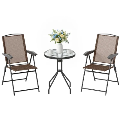 Outsunny Folding Outdoor Bistro Set, Patio Table and Chairs with Reclining Backrest and Round Dining Table, Brown