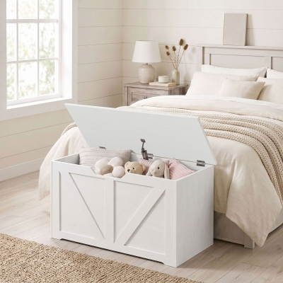 HOMCOM 31.5 Inches Storage Chest, Storage Trunk with Safety Hinge for Living Room, White Wood Grain