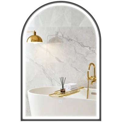 HOMCOM 24" x 36" LED Bathroom Mirror, Arched Tempered Glass Wall Mirror, Anti-Fog, Dimmable, Memory Function, Black