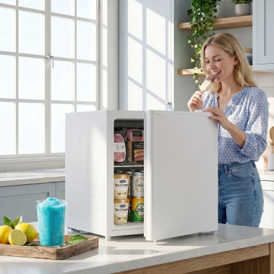 HOMCOM 1.1 Cu. Ft. Mini Freezer, Compact Upright Freezer with Reversible Door, Removable Shelf, Adjustable Temperature, White