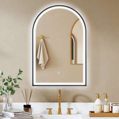 HOMCOM 24" x 36" LED Bathroom Mirror, Arched Tempered Glass Wall Mirror, Anti-Fog, Dimmable, Memory Function, Black
