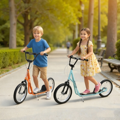 Aosom Kids Kick Scooter for 5+ Year Old, Kids Ride on Toy w/ 16'' Inflatable Wheel Dual Brakes, Blue