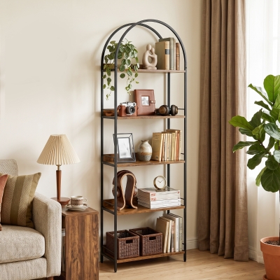 HOMCOM Bookshelf 5 Tier Arched Bookcase, 73.2" Tall Industrial Open Book Shelves with Metal Frame, Rustic Brown