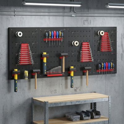 HOMCOM 38 Piece Metal Peg Board with Accessories, Shelf Tool Organizer, Black and Red