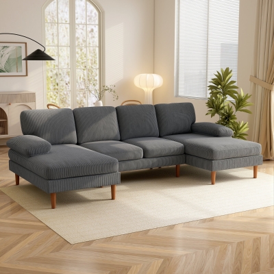 HOMCOM U Shape Couch with Double Chaise Lounge, Modern 4 Seater Sofa with Wooden Legs, Fabric Sofa for Living Room, Dark Grey