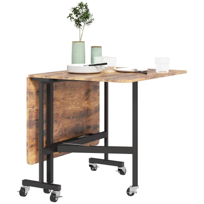 HOMCOM Six-Seater Drop-Leaf Dining Table with Wheels, Rustic Brown
