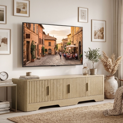 HOMCOM TV Stand for TVs up to 60", Modern Entertainment Center with Fluted Doors for Living Room, Oak