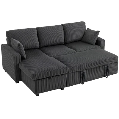 HOMCOM 81" Sofa Bed, 2 In 1 Pull Out Sleeper Sofa Bed with Storage, Corduroy Convertible Couch for Living Room, Dark Grey