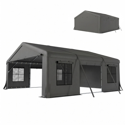 Outsunny 20' x 20' Heavy-Duty Carport Tent with 3 Doors, Dark Gray