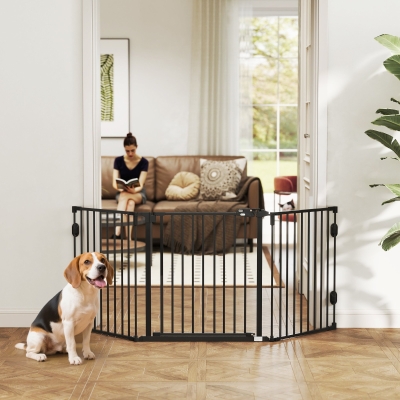 PawHut Foldable Dog Gate with Door, 3 Panel Metal Pet Gate for Stairs, Doorways and Fireplace, Auto-Close Safety Gate, Black