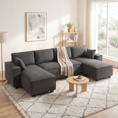 HOMCOM Modular U Shaped Couch, Sectional Sofa with Double Chaises and Spring Cushions, Dark Grey