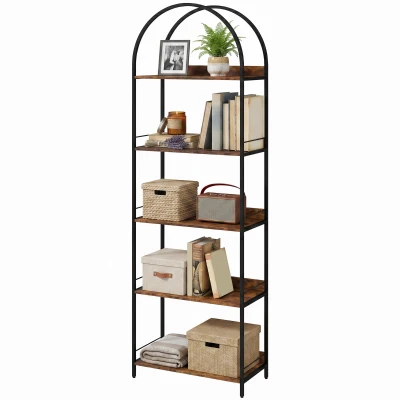 HOMCOM Bookshelf 5 Tier Arched Bookcase, 73.2" Tall Industrial Open Book Shelves with Metal Frame, Rustic Brown
