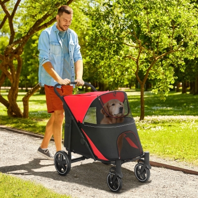 PawHut Foldable Pet Stroller with Universal Front Wheels, Shock Absorber, Dog Cat Carriage for Large & Medium Dogs, Red