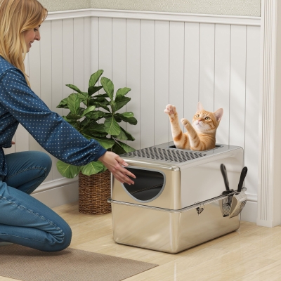 PawHut Stainless Steel Cat Litter Box with Lid, Extra Large Enclosed Litter Box with Top Litter-Catching Holes, Scoop, Silver