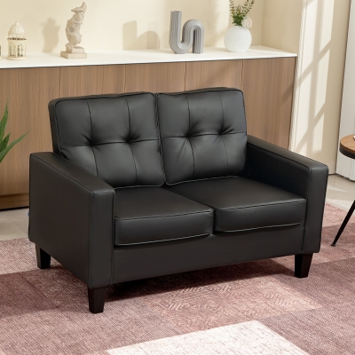 HOMCOM 51" Double Sofa Couch, Upholstered PU Leather Loveseat with Armrests, Tufted Backrest, Cushion, Black