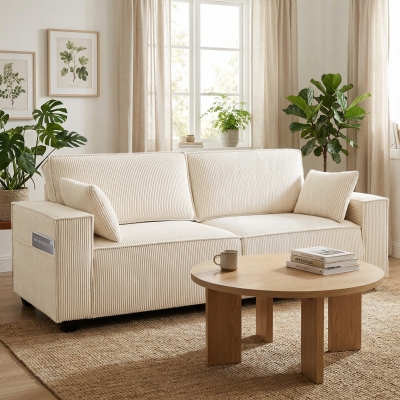 HOMCOM 86" 3 Seater Sofa, Modern Corduroy Upholstered Couch, Beige