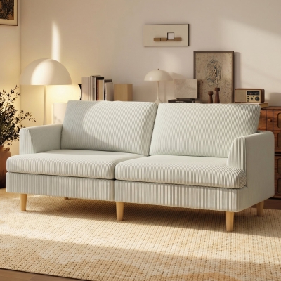 HOMCOM 3 Seater Sofa, 74" Modern Corduroy Upholstered Couch with Thick Spring Cushions, Solid Wood Legs, Armrests, Beige