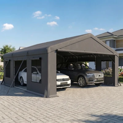 Outsunny 20' x 20' Heavy-Duty Carport Tent with 3 Doors, Dark Gray
