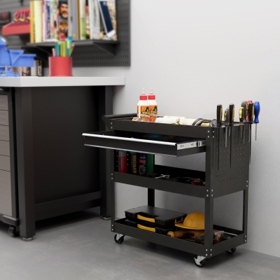 HOMCOM Tool Cart on Wheels, Utility Cart with Wheels, Ball Bearing Drawer, Storage Trays for Garage, Warehouse, Black