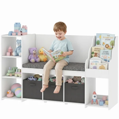 Qaba Kids Storage Shelf with Reading Nook, Toy Storage Organizer with Seat Cushion, 3 Fabric Drawers for Playroom, Nursery