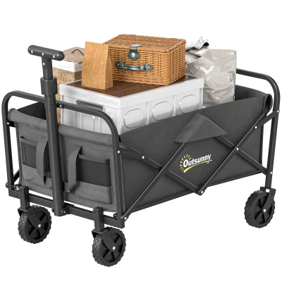 Outsunny Collapsible Folding Garden Cart, Heavy Duty Lawn Wagon with Universal Wheels and Adjustable Handle, Grey