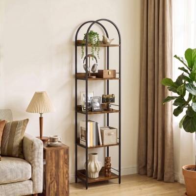 HOMCOM Bookshelf 5 Tier Arched Bookcase, 69.5" Tall Industrial Open Book Shelves with Metal Frame, Rustic Brown