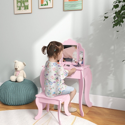 Qaba Kids Vanity Table and Stool, Makeup Vanity Girls Dressing Table Set with Tri-folding Mirrors Drawer Star and Heart Pattern, Pink