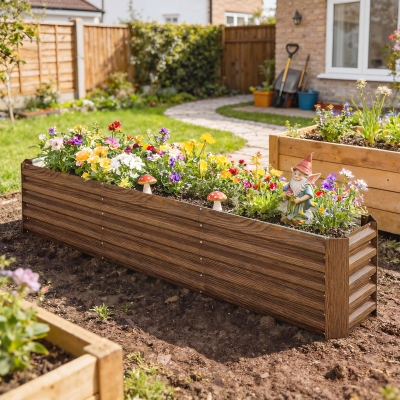 Outsunny 8 x 1.3 x 1.5ft Galvanized Raised Garden Bed, Reinforced Outdoor Planter Box with Open Bottom, Brown Wood Effect