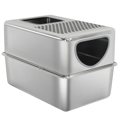 PawHut Stainless Steel Cat Litter Box with Lid, Extra Large Enclosed Litter Box with Top Litter-Catching Holes, Scoop, Silver