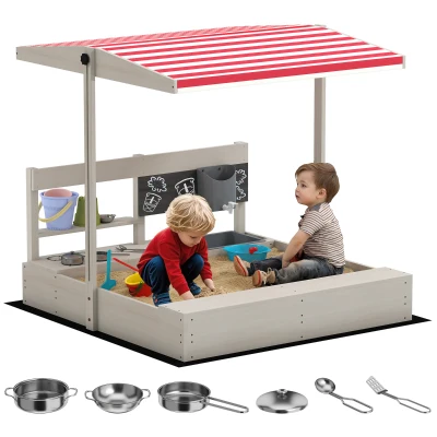 Outsunny Kids Sandbox with Cover Kitchen Playset Toys, Wooden Sand Box with Seat, Storage, for 3-7 Years Old, Grey