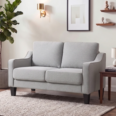 HOMCOM Loveseat Sofa, Modern Couch with Pocket Spring, Linen Upholstered, Thick Padded, Light Grey
