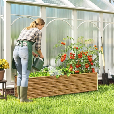 Outsunny 6' x 1.5' x 1.3' Galvanized Raised Garden Bed, Elevated Large Metal Planter Box w/ Install Gloves, Brown Wood Effect