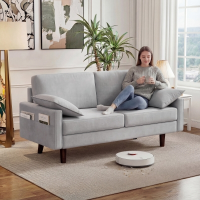 HOMCOM 3 Seater Sofa, Velvet Upholstered Couch with Spring Cushions, Rubber Wood Legs and 2 Pillows, Grey