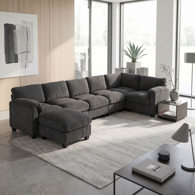 HOMCOM Modular Sectional Sofa, Oversized U-Shaped Couch with Spring Cushion, Corduroy Sofa for Living Room, Charcoal Grey