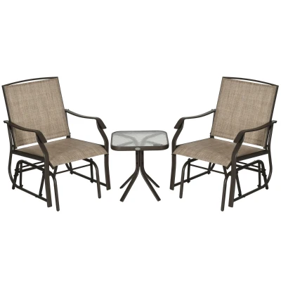 Outsunny 3 Piece Patio Glider Set Outdoor Gliders with Breathable Mesh Seat, Glass Top Table for Garden, Yard, Mixed Brown